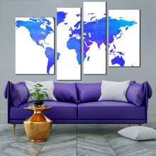 Load image into Gallery viewer, detailed map canvas wall art blue purple world map digital canvas art abstract world 4 piece multi canvas for living room
