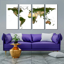 Load image into Gallery viewer, detailed map canvas wall art white background flat earth 4 piece canvas print green wold map digital painting multiple canvas In Living room
