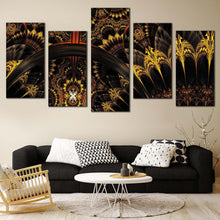 Load image into Gallery viewer, digital abstract canvas print black yellow fractal flower 5 piece canvas wall art elegant graphic abstract multi canvas In Living Room
