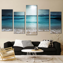 Load image into Gallery viewer, digue island canvas wall art seychelles grey ocean sky 5 piece multiple canvas blue seascape beach sand canvas print In Living Room
