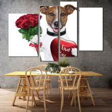 Load image into Gallery viewer, dog animal canvas wall art black white dog holding present canvas set dog holding red heart 4 piece canvas print for living room
