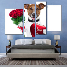 Load image into Gallery viewer, dog animal canvas wall art black white dog holding present canvas set dog holding red heart 4 piece canvas print for your bedroom
