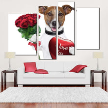 Load image into Gallery viewer, dog animal canvas wall art black white dog holding present canvas set dog holding red heart 4 piece canvas print
