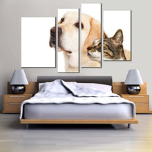 Load image into Gallery viewer, dog cat canvas print brown white dog cat isolated 4 piece canvas wall art labrador dog and cat canvas set in bedroom
