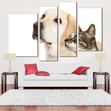 Load image into Gallery viewer, dog cat canvas print brown white dog cat isolated 4 piece canvas wall art labrador dog and cat canvas set
