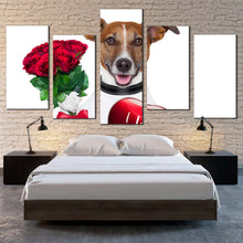 Load image into Gallery viewer, dog rose canvas wall art dog holding red heart 5 piece canvas brown romantic dog canvas print For Bedroom
