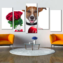 Load image into Gallery viewer, dog rose canvas wall art dog holding red heart 5 piece canvas brown romantic dog canvas print In Living Room
