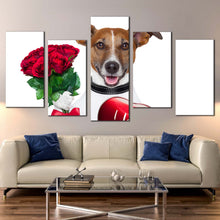 Load image into Gallery viewer, dog rose canvas wall art dog holding red heart 5 piece canvas brown romantic dog canvas print For Living Room
