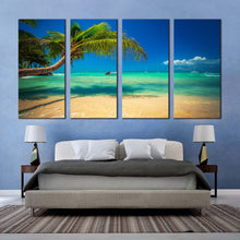 Load image into Gallery viewer, dominican republic canvas wall art saona island green sea 4 piece canvas punta cana blue ocean sky canvas set In Your Bedroom
