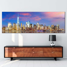 Load image into Gallery viewer, downtown  manhattan  canvas  print  blue  cloudy  sky  nyc  skyline  1  piece  canvas  wall  art  yellow  new  york  city  canvas  artwork In Living Room
