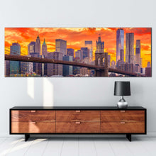 Load image into Gallery viewer, downtown  nyc  canvas  wall  art  orange  yellow  dramatic  clouds  cityscape  canvas  artwork  brown  brooklyn  bridge  panoramic  canvas  print For Living Room
