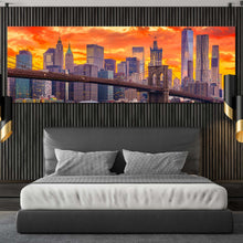 Load image into Gallery viewer, downtown  nyc  canvas  wall  art  orange  yellow  dramatic  clouds  cityscape  canvas  artwork  brown  brooklyn  bridge  panoramic  canvas  print For Bedroom
