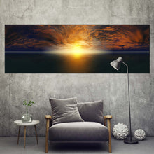 Load image into Gallery viewer, dramatic  clouds  canvas  print  yellow  sunset  ocean  panorama  canvas  wall  art  blue  sky  ocean  wide  canvas In Living Room
