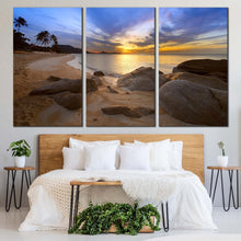 Load image into Gallery viewer, dramatic clouds canvas wall art blue sea ocean rocks 3 piece canvas artwork brown stony beach ocean canvas print For Bedroom
