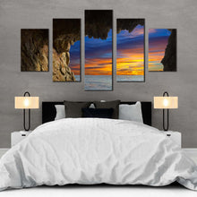 Load image into Gallery viewer, dramatic clouds canvas wall art orange blue sky ocean arches 5 piece canvas print brown cave ocean mountain canvas set For Your Bedroom
