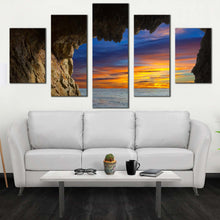 Load image into Gallery viewer, dramatic clouds canvas wall art orange blue sky ocean arches 5 piece canvas print brown cave ocean mountain canvas set For Living room
