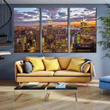 Load image into Gallery viewer, dramatic clouds canvas wall art yellow grey sky cityscape 3 piece canvas new york city skyline triptych canvas print empire state building canvas set For Living Room
