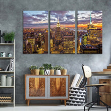 Load image into Gallery viewer, dramatic clouds canvas wall art yellow grey sky cityscape 3 piece canvas new york city skyline triptych canvas print empire state building canvas set 
