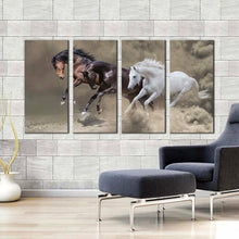 Load image into Gallery viewer, dramatic horses canvas wall art dramatic horses 4 piece canvas print brown white black fast horses canvas set For Living room
