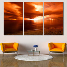 Load image into Gallery viewer, dramatic ocean canvas print orange yellow cloudy sea 3 piece canvas wall art thailand ocean canvas set In Living Room
