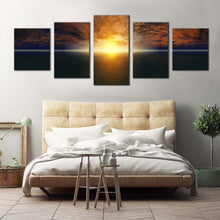 Load image into Gallery viewer, dramatic sea canvas wall art blue sky cloudy ocean sky 5 piece canvas set yellow sunset ocean canvas print For Bedroom
