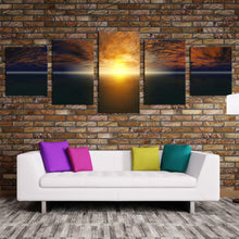 Load image into Gallery viewer, dramatic sea canvas wall art blue sky cloudy ocean sky 5 piece canvas set yellow sunset ocean canvas print In Living Room
