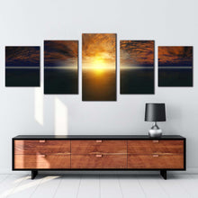 Load image into Gallery viewer, dramatic sea canvas wall art blue sky cloudy ocean sky 5 piece canvas set yellow sunset ocean canvas print
