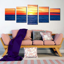 Load image into Gallery viewer, dramatic seascape canvas wall art blue ocean waves canvas print orange sunset ocean sky 5 piece multiple canvas For Living room
