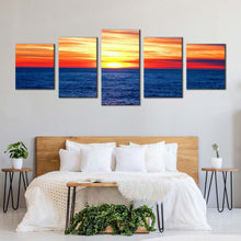 Load image into Gallery viewer, dramatic seascape canvas wall art blue ocean waves canvas print orange sunset ocean sky 5 piece multiple canvas For Your Bedroom
