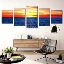 Load image into Gallery viewer, dramatic seascape canvas wall art blue ocean waves canvas print orange sunset ocean sky 5 piece multiple canvas In Living Room
