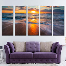 Load image into Gallery viewer, dramatic seascape canvas wall art blue ocean waves sea 5 piece canvas set cloudy orange ocean sky canvas print In Living Room
