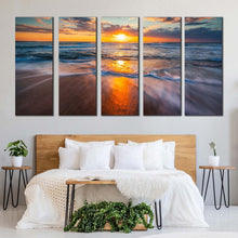 Load image into Gallery viewer, dramatic seascape canvas wall art blue ocean waves sea 5 piece canvas set cloudy orange ocean sky canvas print For Bedroom
