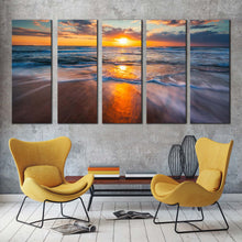 Load image into Gallery viewer, dramatic seascape canvas wall art blue ocean waves sea 5 piece canvas set cloudy orange ocean sky canvas print For Living Room
