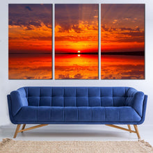 Load image into Gallery viewer, dramatic  seascape  canvas  wall  art  ocean  sky  canvas  set  orange  red  sunset  ocean  3  piece  multi  canvas  artwork In Living Room
