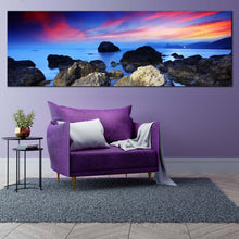 Load image into Gallery viewer, dramatic  sky  canvas  wall  art  blue  sea  ocean  rocks  1  piece  canvas  artwork  grey  stony  beach  sea  canvas  print In Living Room
