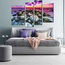 Load image into Gallery viewer, dramatic sky canvas wall art ocean rocks 4 piece canvas print colorful cloudy ocean multi canvas artwork in bedroom
