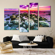 Load image into Gallery viewer, dramatic sky canvas wall art ocean rocks 4 piece canvas print colorful cloudy ocean multi canvas artwork for living room
