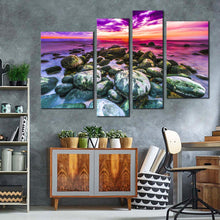 Load image into Gallery viewer, dramatic sky canvas wall art ocean rocks 4 piece canvas print colorful cloudy ocean multi canvas artwork
