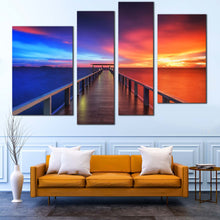 Load image into Gallery viewer, dramatic sunset blue red water pier sea 4 panel canvas art decor 
