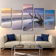 Load image into Gallery viewer, driftwood ocean canvas wall art georgia white ocean 5 piece canvas yellow sky ocean canvas set ocean beach in jekyll island canvas print In Living Room
