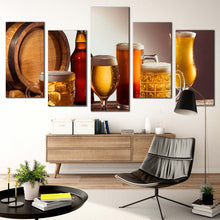 Load image into Gallery viewer, drink bottles canvas wall art brown beer barrel 5 piece canvas orange yellow beer glasses canvas print In Living Room
