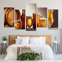 Load image into Gallery viewer, drink bottles canvas wall art brown beer barrel 5 piece canvas orange yellow beer glasses canvas print For Your Bedroom
