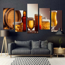 Load image into Gallery viewer, drink bottles canvas wall art brown beer barrel 5 piece canvas orange yellow beer glasses canvas print For Living Room
