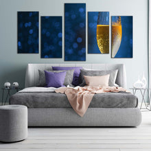 Load image into Gallery viewer, drink glass canvas wall art blue background alcohol 5 piece canvas print glass of yellow champagne multiple canvas For Bedroom
