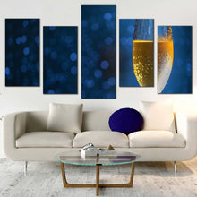 Load image into Gallery viewer, drink glass canvas wall art blue background alcohol 5 piece canvas print glass of yellow champagne multiple canvas In Living Room
