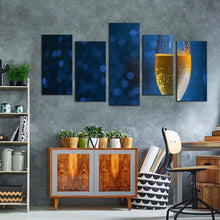 Load image into Gallery viewer, drink glass canvas wall art blue background alcohol 5 piece canvas print glass of yellow champagne multiple canvas
