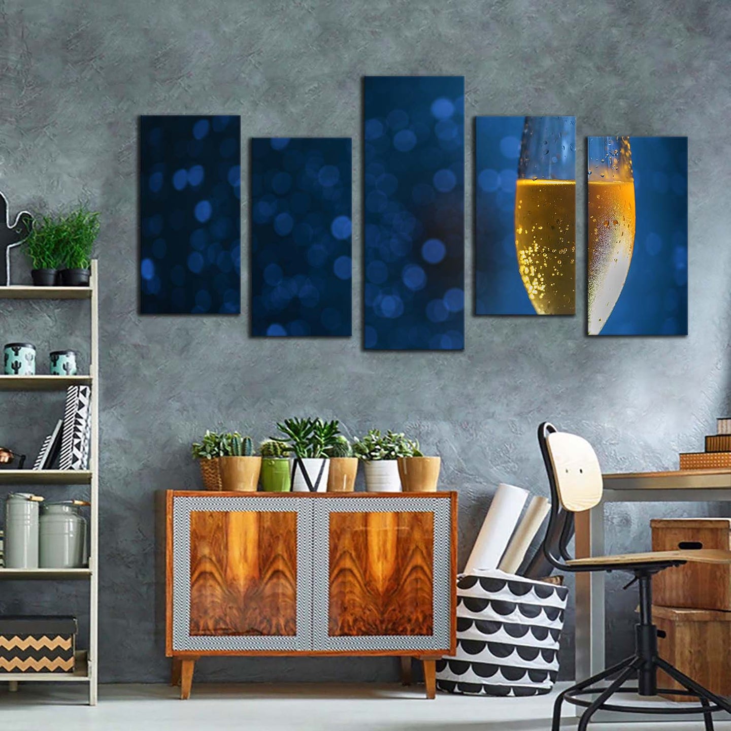 drink glass canvas wall art blue background alcohol 5 piece canvas print glass of yellow champagne multiple canvas