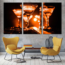 Load image into Gallery viewer, drink glasses canvas print cocktail party canvas wall art orange yellow cocktail celebration glasses 3 piece multiple canvas In Living Room
