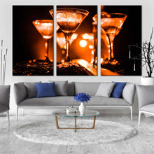 Load image into Gallery viewer, drink glasses canvas print cocktail party canvas wall art orange yellow cocktail celebration glasses 3 piece multiple canvas For Living Room
