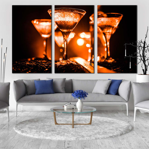 drink glasses canvas print cocktail party canvas wall art orange yellow cocktail celebration glasses 3 piece multiple canvas For Living Room